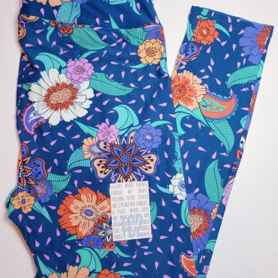 LuLaRoe TC2 Leggings Colorful Flowers Bright Blue Tall & Curvy2 (Size 20-26) NWT